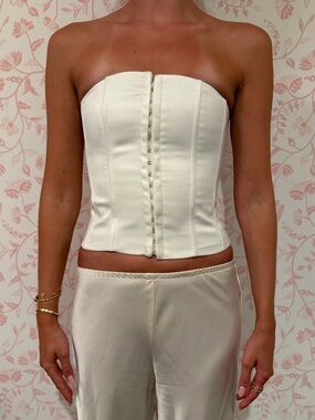 Danielle Guizio White Satin Corset | Boned Bustier Hook & Eye Top